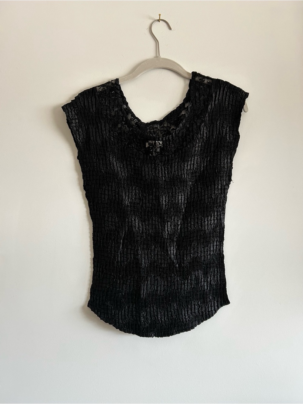 Black Crinkle Shirt with Lace